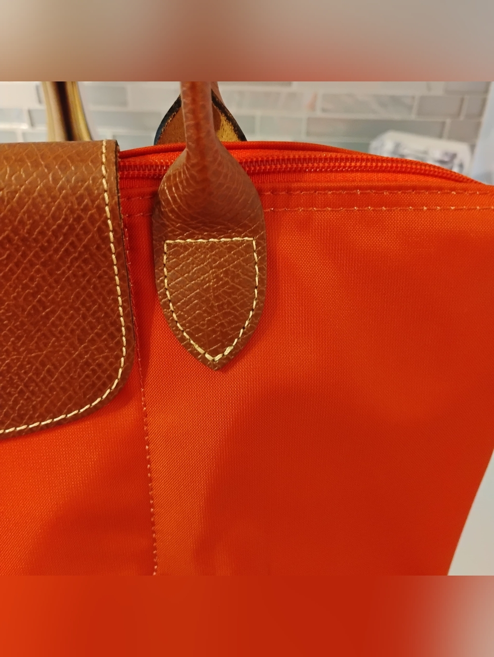 Longchamp Classic Nylon Tote - Orange with Cognac Leather Trim & GHW - Picture 3 of 15